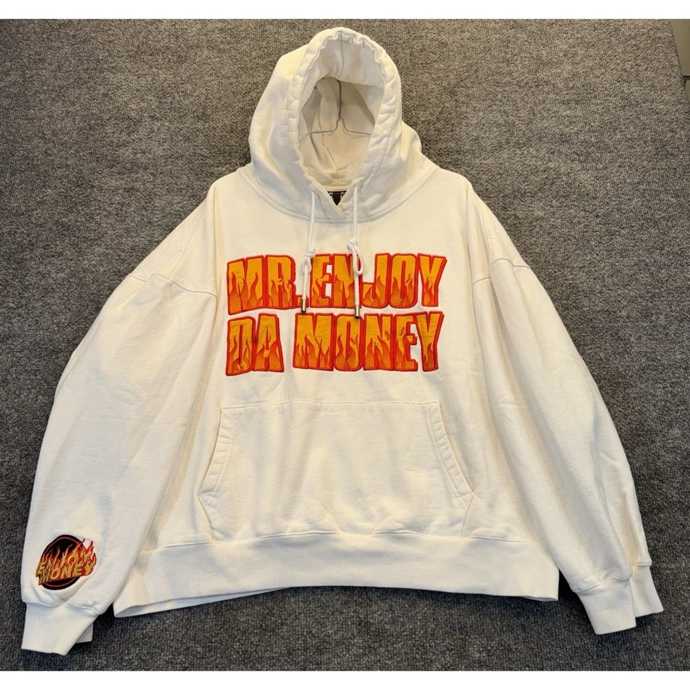 Mr Enjoy Da Money Men's XL White Flame Graphic Hoodie Oversized Streetwear